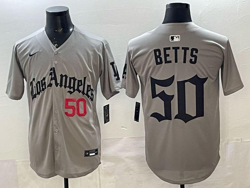 Men 2026 Los Angeles Dodgers #50 Betts Grey Five generations Nike MLB Jersey style 003